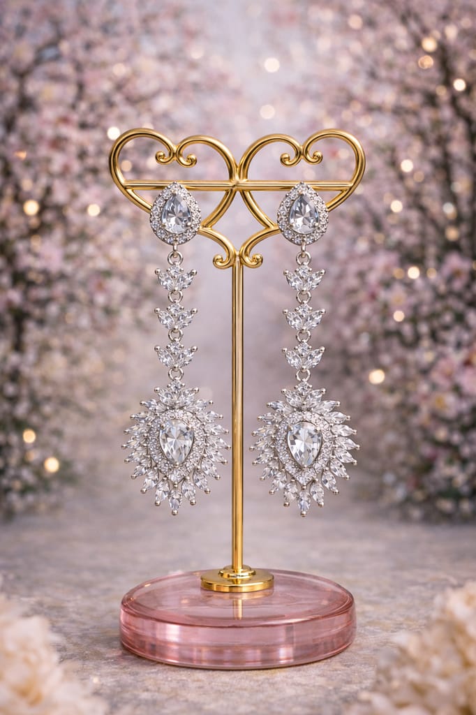 ✨Elegant Silver Plated White Stone & CZ Long Dangler Earrings ✨ view 2