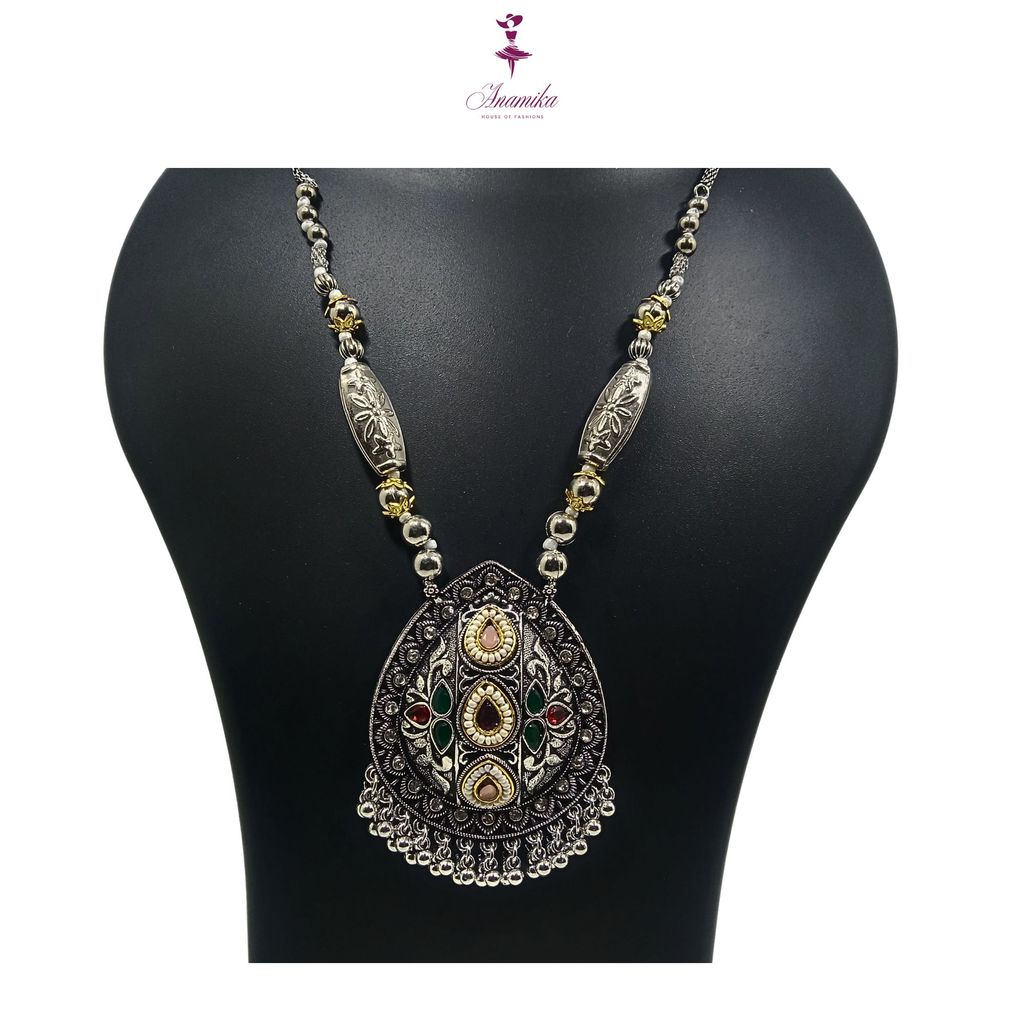 ANAMIKA Luxury Handcrafted Necklace Jewellery Set with Ear Rings, Oxidized, Tear-Drop Pendant, AD Pearls, Green, Purple, Red, Baby Pink view 2