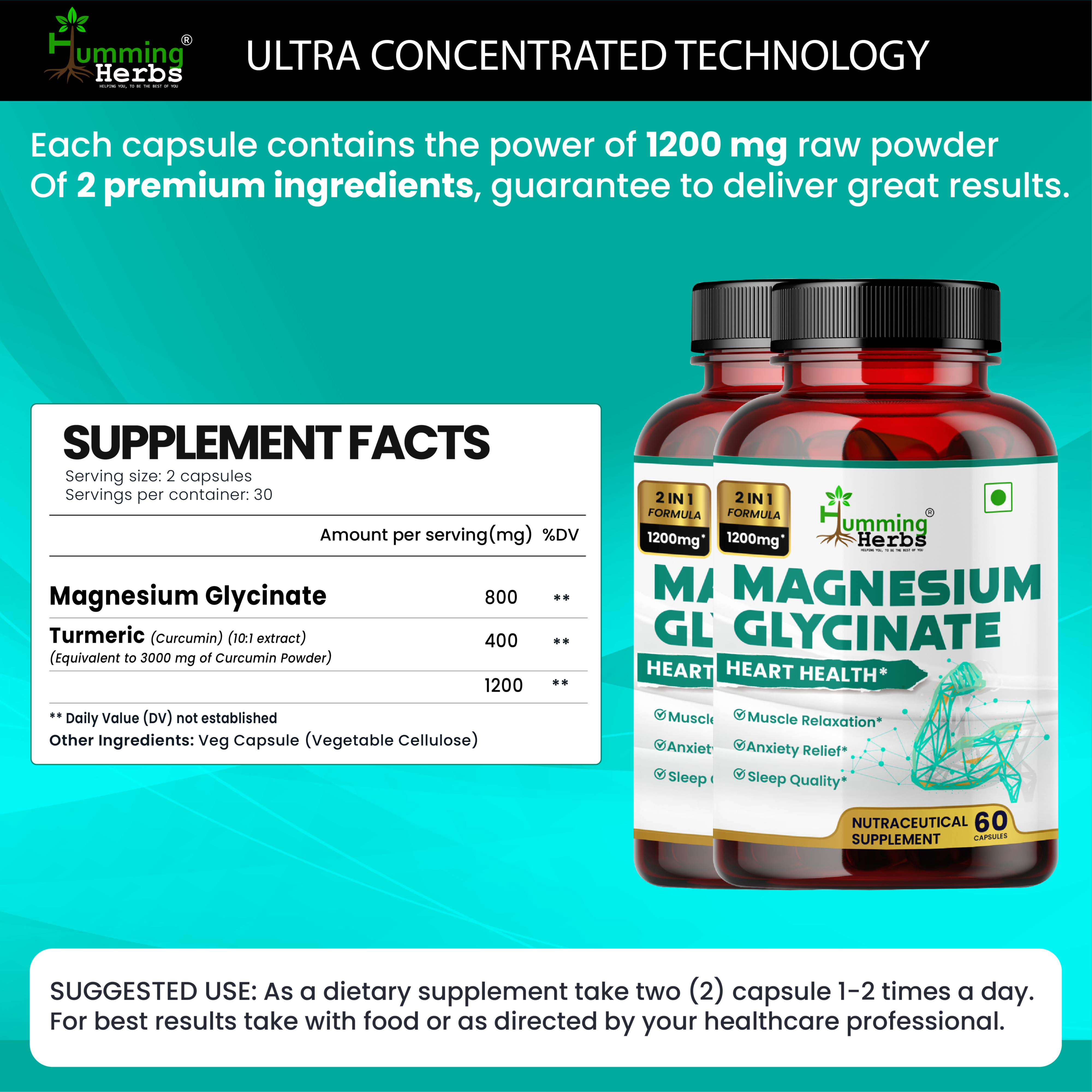 Humming Herbs Magnesium Glycinate - Enhanced Absorption Formula for Heart Health, Muscle Relaxation & Sleep Support - Pack of 2 view 2