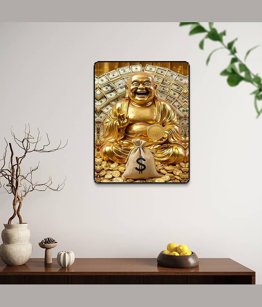 Livin'luxe Golden Laughing Buddha Money Wall Art Black Frame Sparkle Laminated Vastu Decor for Wealth Zone view 2