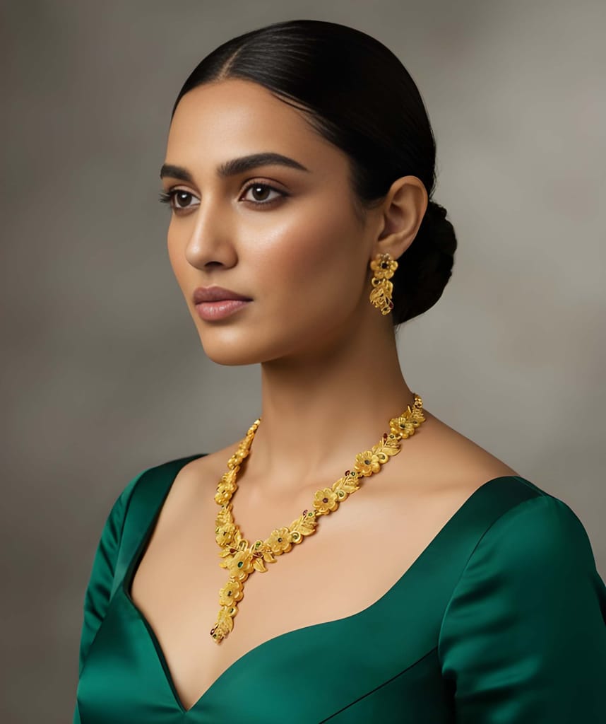 Gold Plated Temple Floral Necklace Set with Matching Earrings for Women Traditional Jewellery Set for Wedding Party Festive and Ethnic Wear view 2