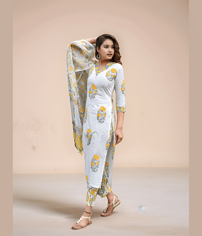 Aarya Designer Girls Cotton Kurti with Pants ( Pack of 1 , White ) view 2