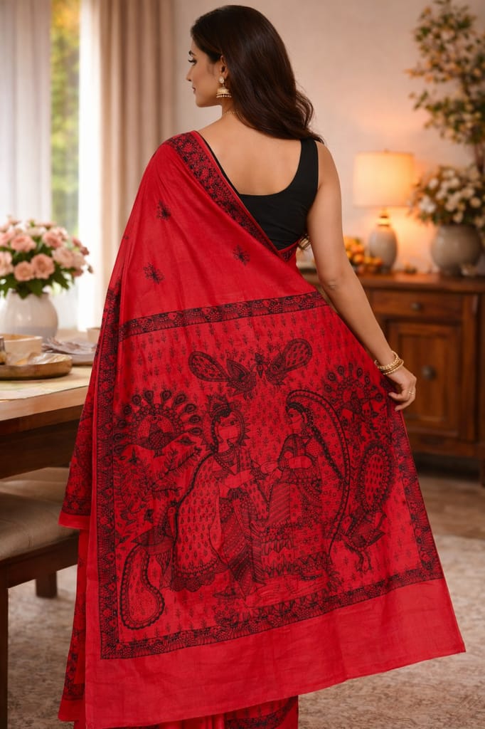 Red Madhubani Cotton Saree view 2