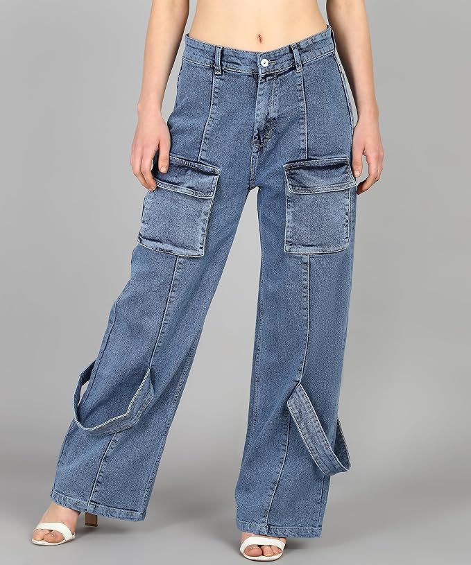 Glossia Fashion Women Cargo Jeans | High Rise Stretchable Baggy Wide LegDenim| Boyfriend Jeans for Women - Light Blue, 38 view 2
