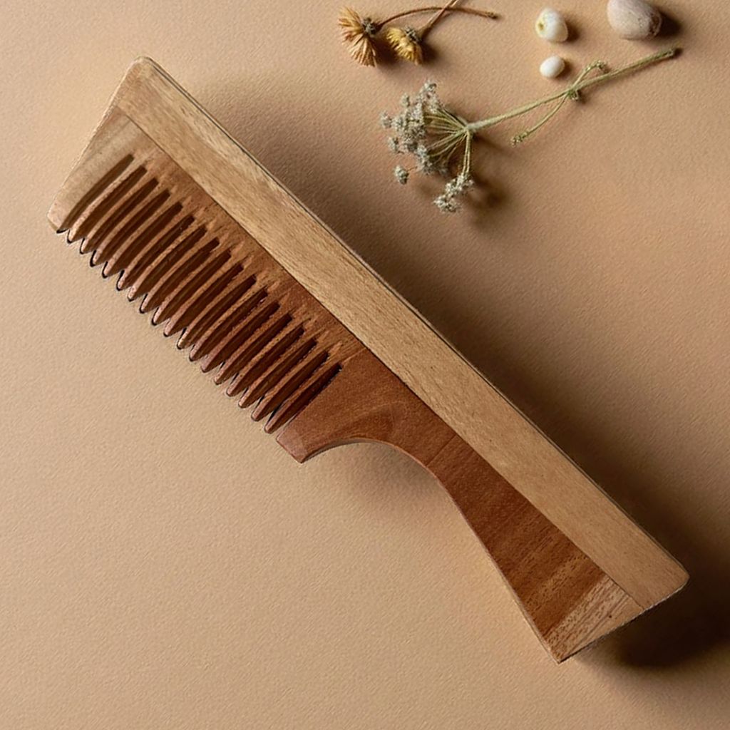 Kacchi Neem Wooden Hair Comb with Handle for Men and Women, Wide Tooth, Natural Kacchi Neem Wood view 2