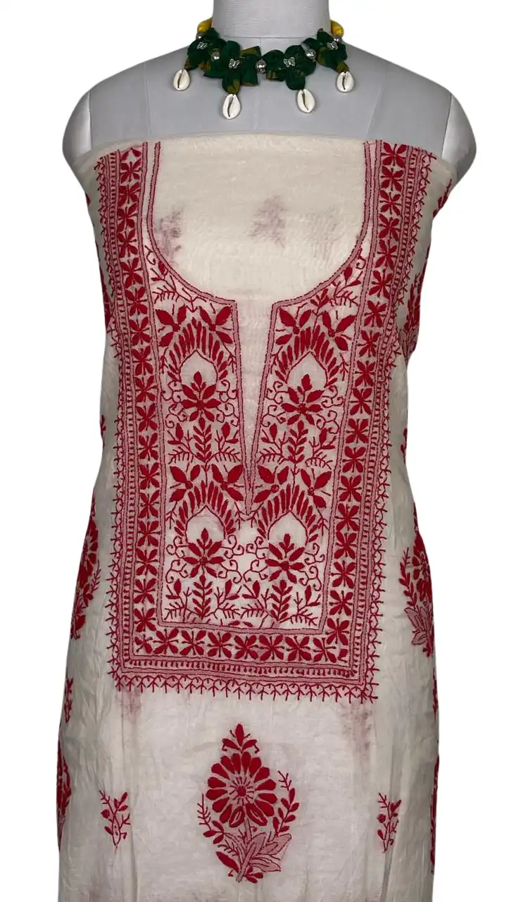 Chikankari Mul Chanderi Dress Material White Bold Red Floral view 2