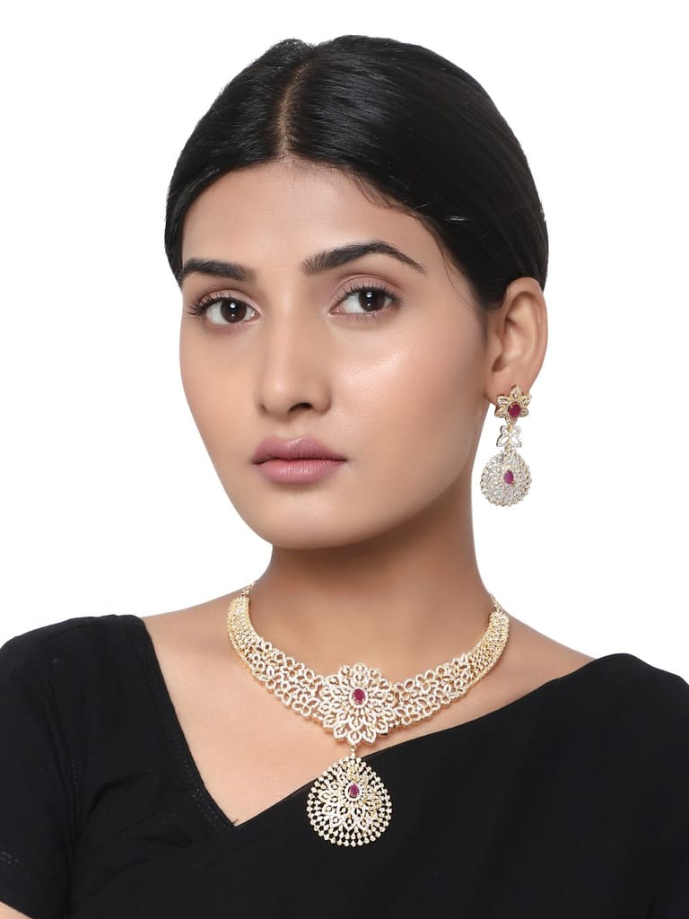 Cardinal Gold Plated Brass Ruby Stone American Diamond Necklace Set view 2