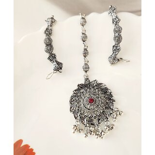 Oxidized silver- plated pink stone maangtika Earcuff Combo (set pack of 1) view 2