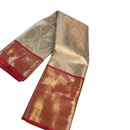 Banarasi Tissue Silver Silk Sarees With Red Border view 2