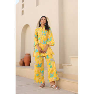 Elara Women's Floral Co-ord Set - Stylish Yellow Top Bottom view 2
