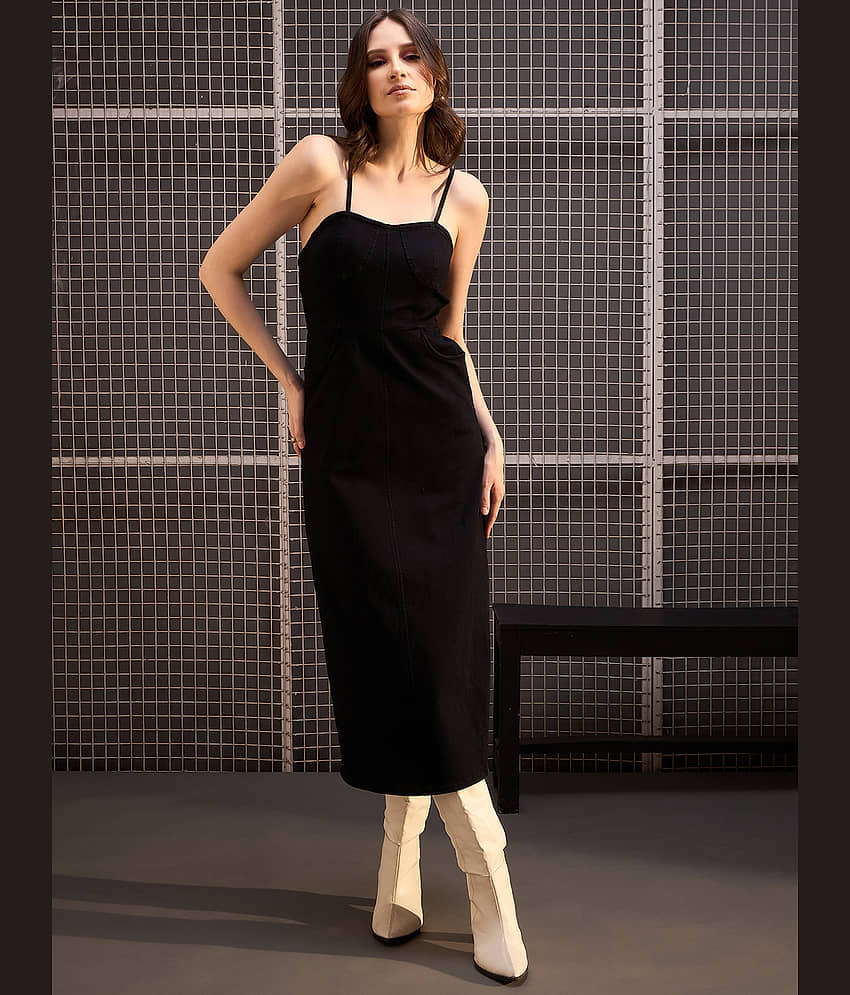 StyleStone Women Denim Solid Side Slit Dress ( Black )