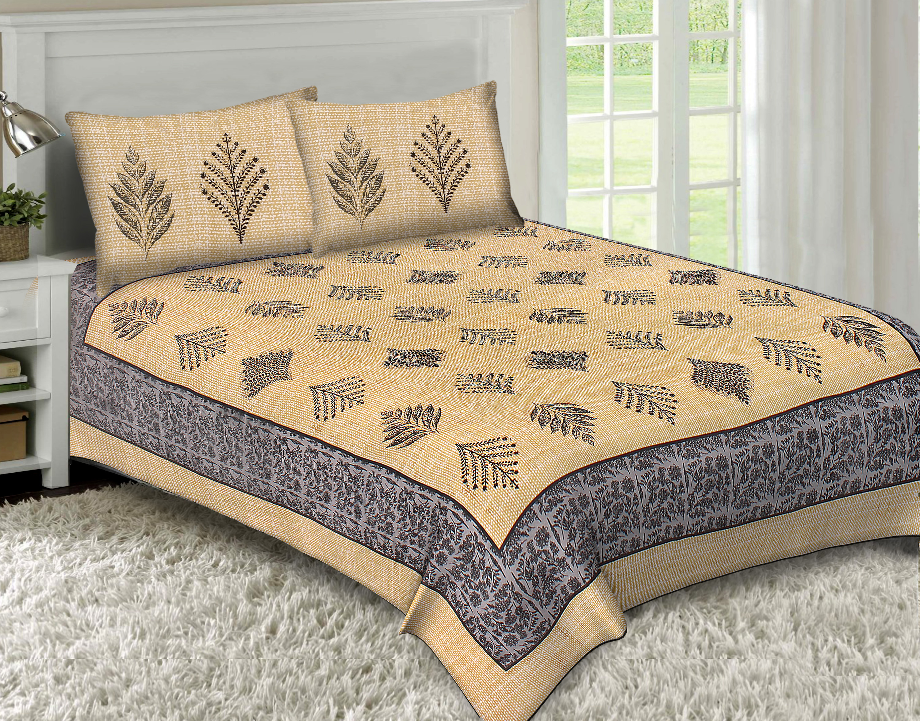 Lali Prints Cream-Coloured Ethnic Motifs Cotton 130 TC Queen Bedsheet with 2 Pillow Covers view 2