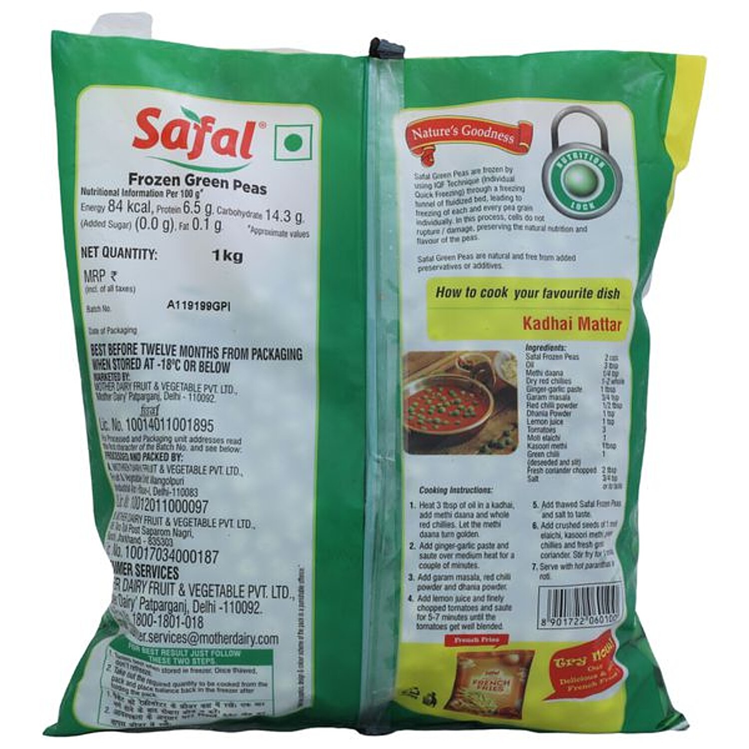 Safal Frozen - Green Peas, 1 Kg Pouch view 2