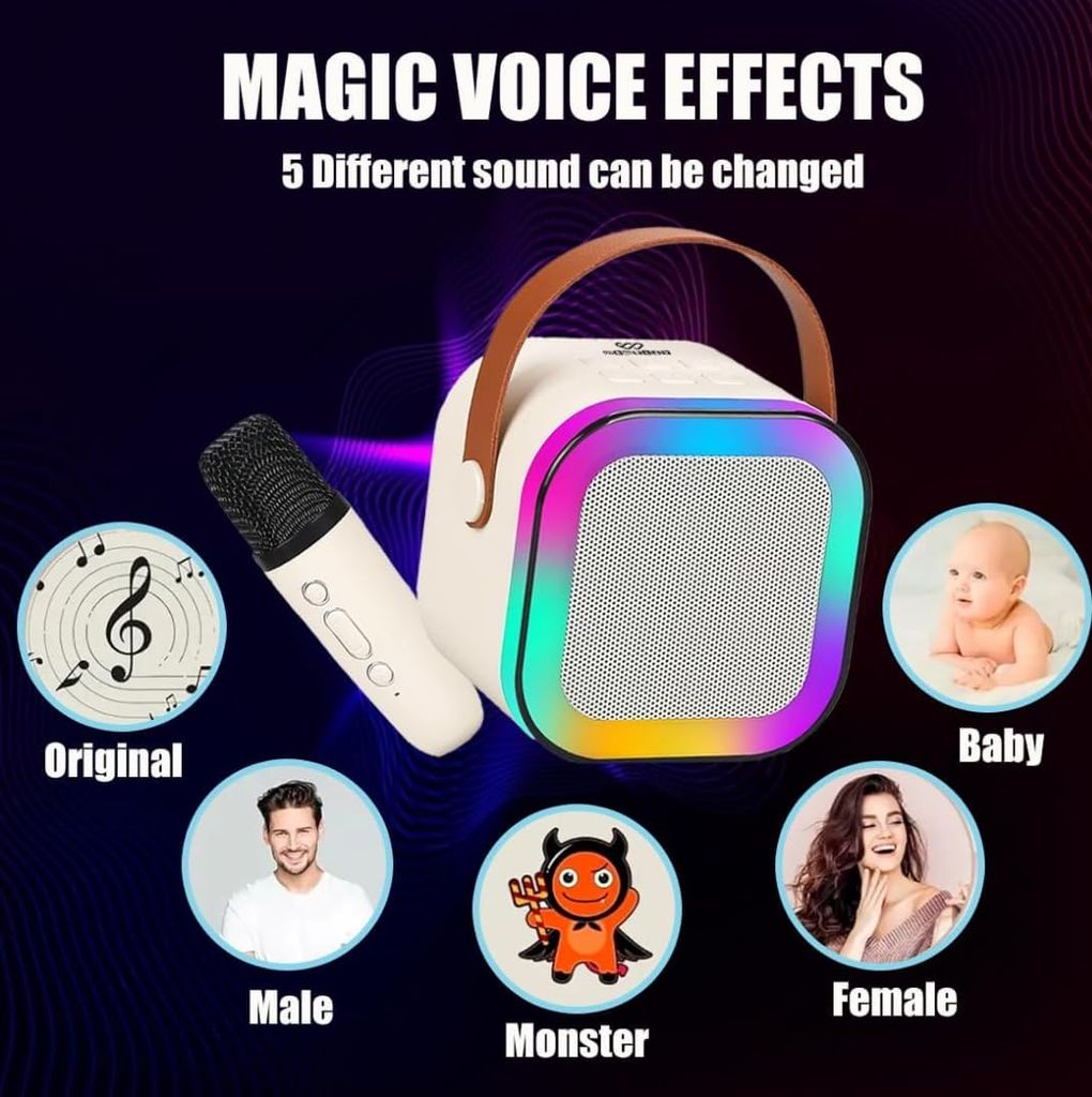 Wireless Bluetooth Karaoke Microphone and Speaker Set, Pink, Portable Design with LED Rainbow Lights, USB Rechargeable view 2