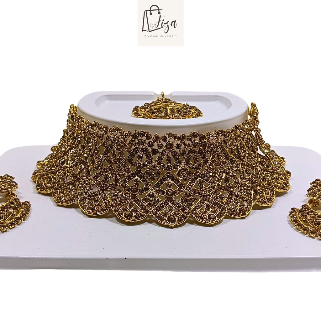 Fiza Luxury Handcrafted Gold Plated Necklace Jewellery Set with Earrings And Mangtika, AD Brown view 2