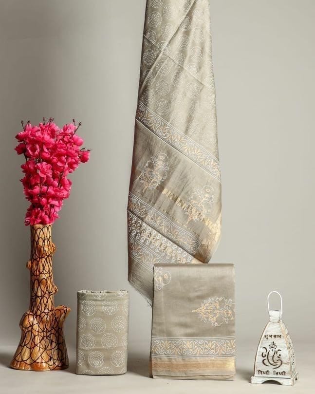 Designer Hand Block Print Premium Maheshwari Silk Suit Set (MSL12) view 2