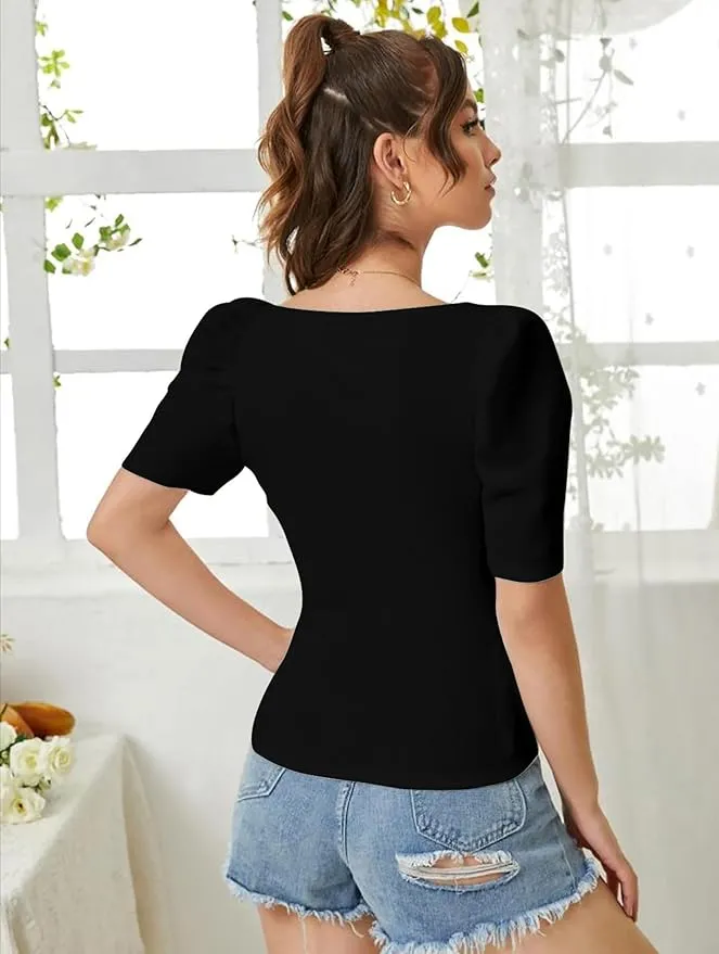 Women's Sweet Heart Neck Balloon/Puff Bishop Sleeve Elegant Casual Tee Top view 2
