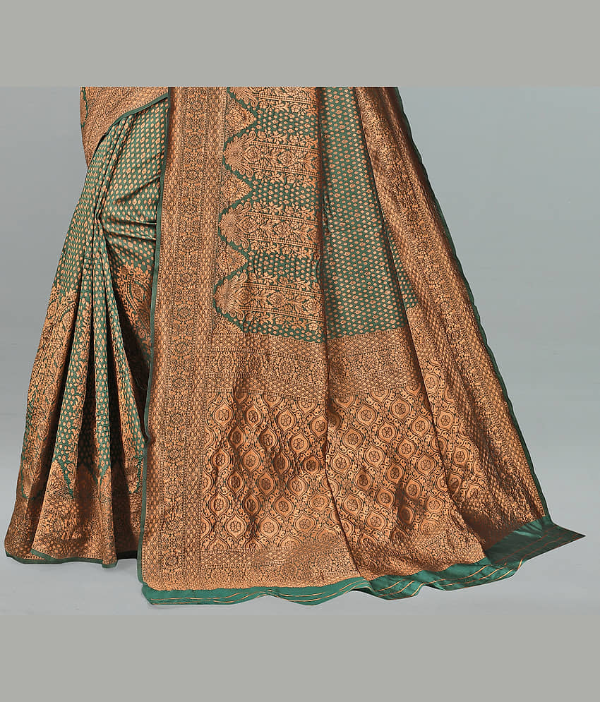Om Shantam Sarees Banarasi Silk Embellished Saree With Unstitched Blouse Piece ( Green ) view 2
