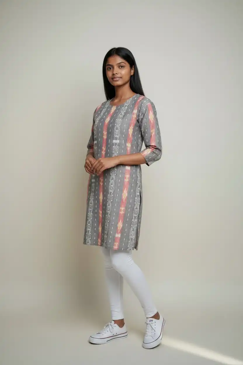 Sambalpuri Ikat Ornate Charcoal Grey-Odisha Handloom Kurti