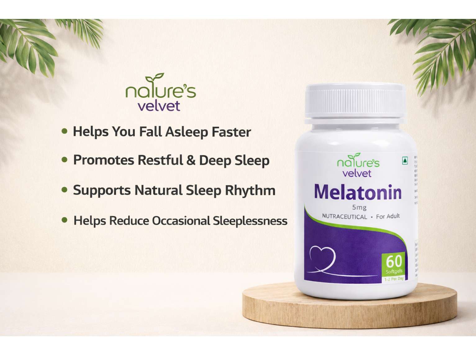 Natures Velvet Melatonin 5 mg Softgels for Healthy Sleep Cycle, Stress Relief & Restful Sleep Support – 60 Softgels view 2