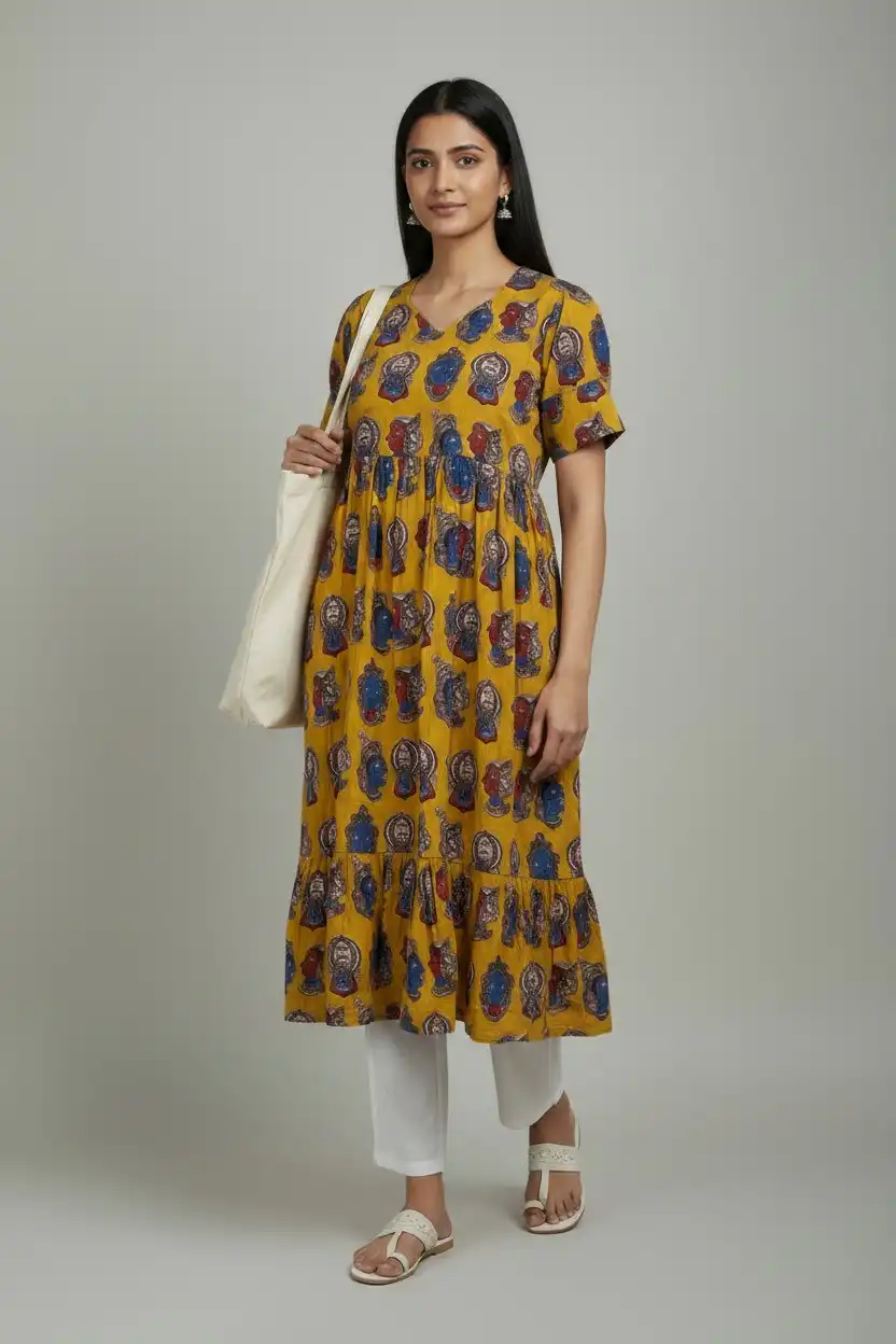 Floral Print Cotton Dress Yellow Blue Maroon view 2