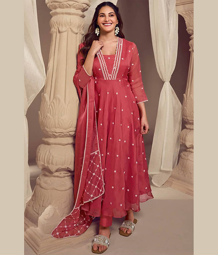 VARNI VESH Women Georgette Embroidered Anarkali Kurti With Pants ( Rose Gold )