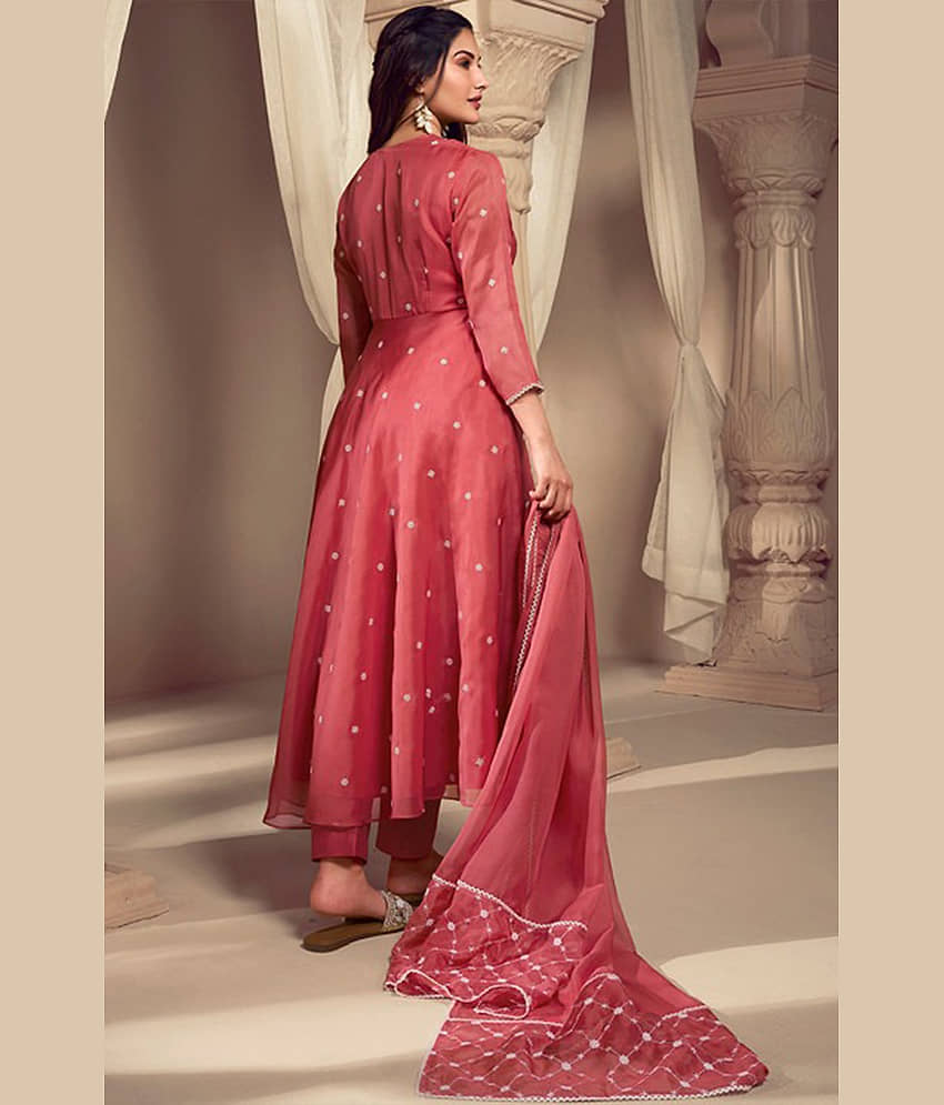 VARNI VESH Women Georgette Embroidered Anarkali Kurti With Pants ( Rose Gold ) view 2