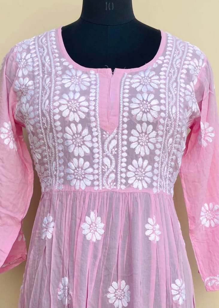 Chikankari Short Kurti Pink Mulmul Cotton Hand view 2