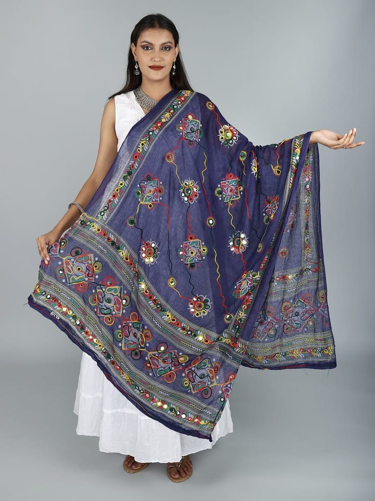 Navy Printed Dupatta from Kutch with Hand-Embroidered Florals and Mirrors view 2