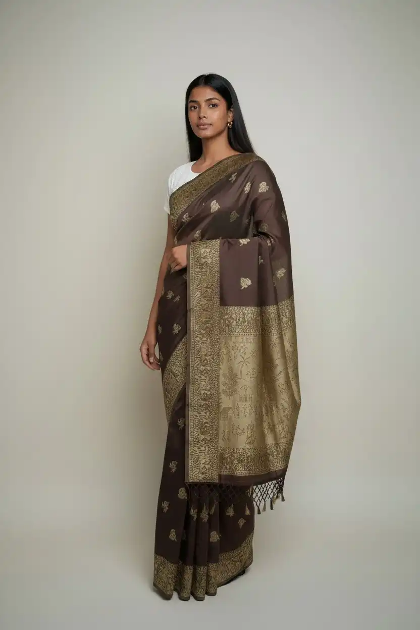 Bomkai Sonepuri Dark Brown Cotton Saree Tribal Village Pallu view 2