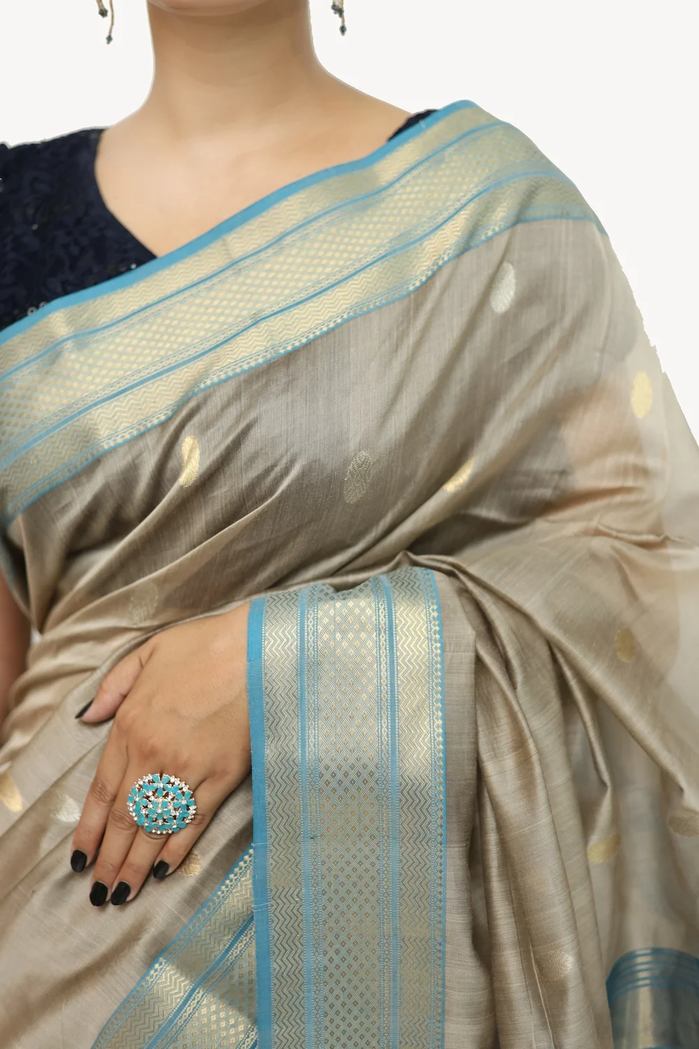 Sensuous Heritage Coin motif handwoven Saree with Tassels – Tussar view 2