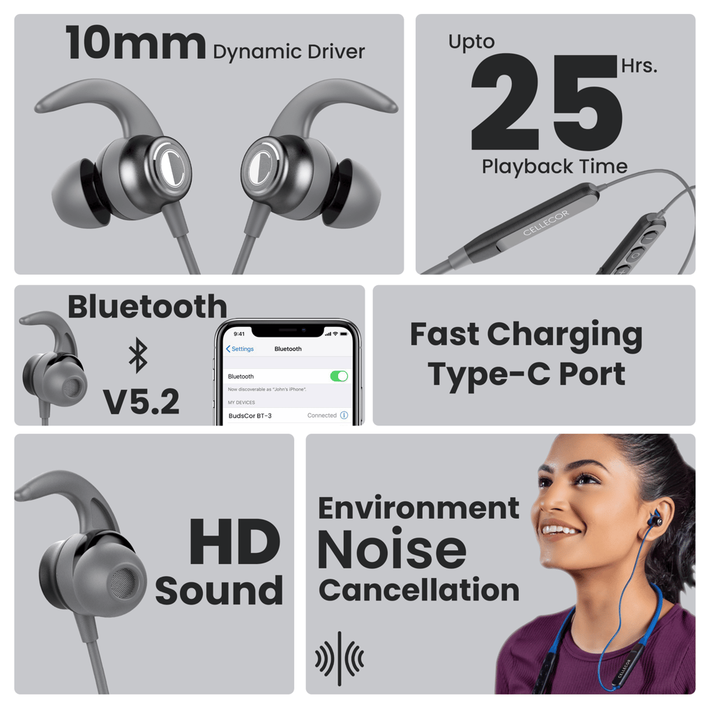 Cellecor Wireless Waterproof Neckband with 25 Hrs playtime Headphone Bluetooth - Grey view 2