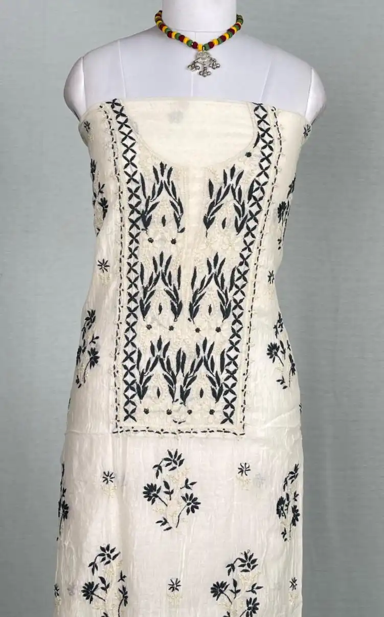 Chikankari Mul Chanderi Dress Material White Black Floral view 2
