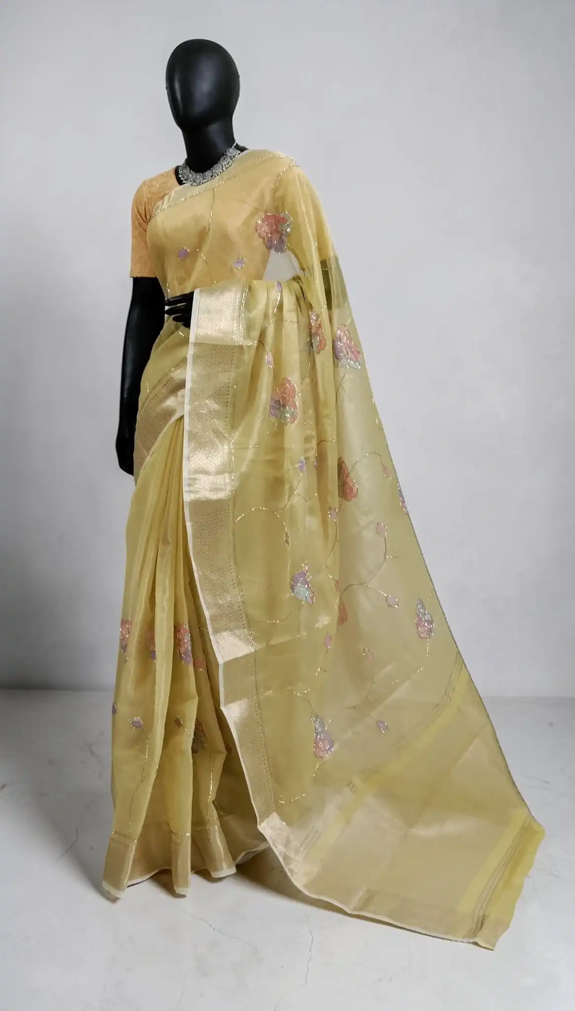 Golden Beige Kota Doria Saree with Block-Print Florals and Zari Border view 2