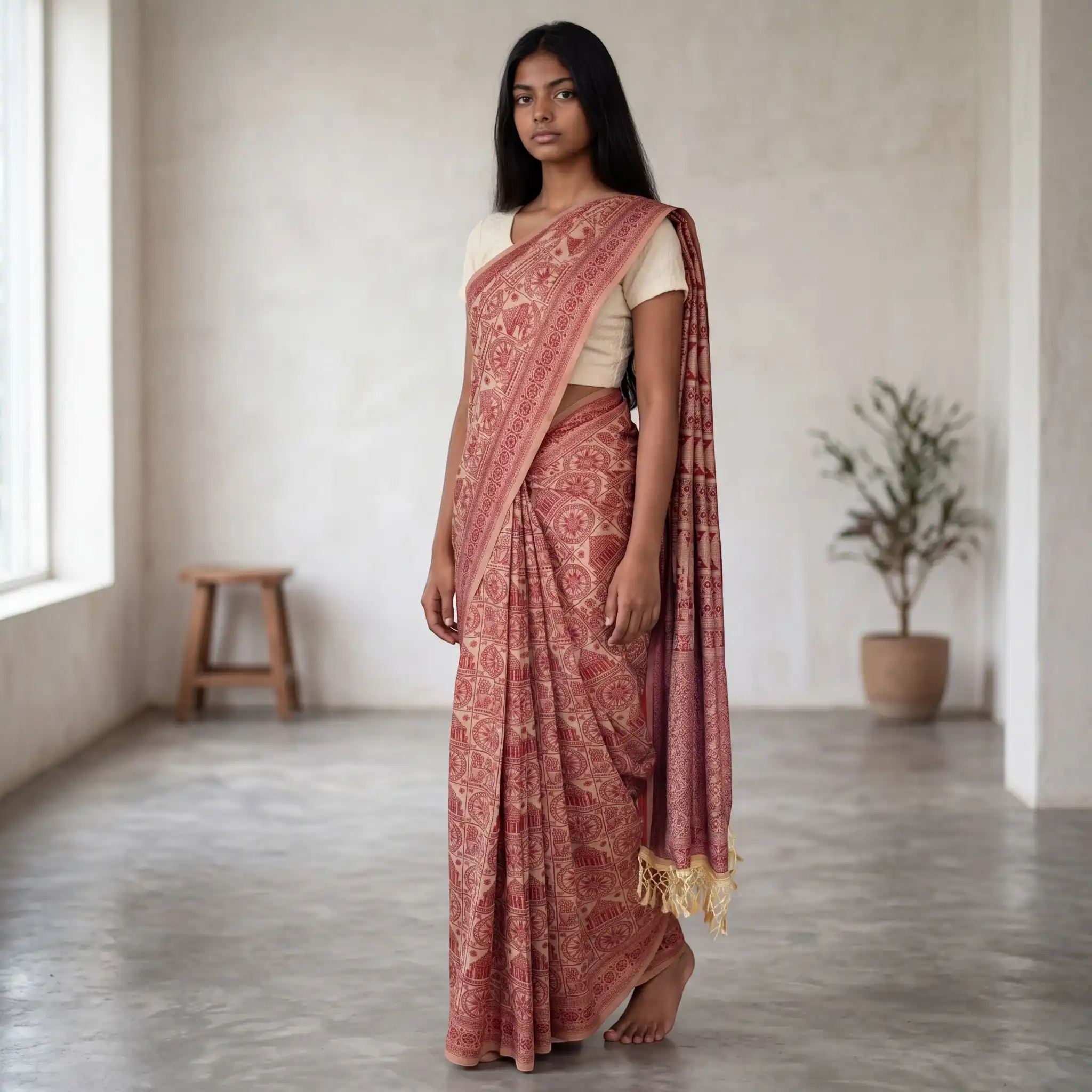 Pattachitra Cotton Saree Cream Maroon Wheel Medallion view 2