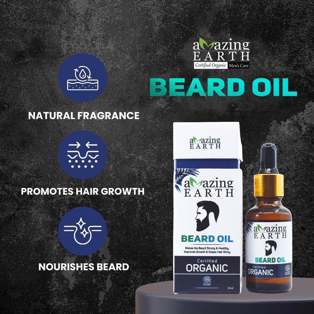 AMAzing EARTH Certified Organic Beard Oil for Men - 100% Natural with Argan & Olive Oil, Aloe Vera, Golden Jojoba Oil & Glycerine, Non-Sticky, Sulphates & Parabens Free, Vegan & Cruelty Free - 30ml view 2
