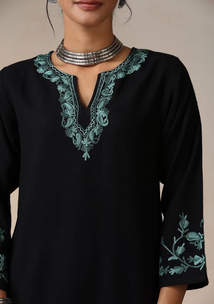 HOC Crafts Aari Embroidered Woollen Solid Women's Long Kurta - Black view 2