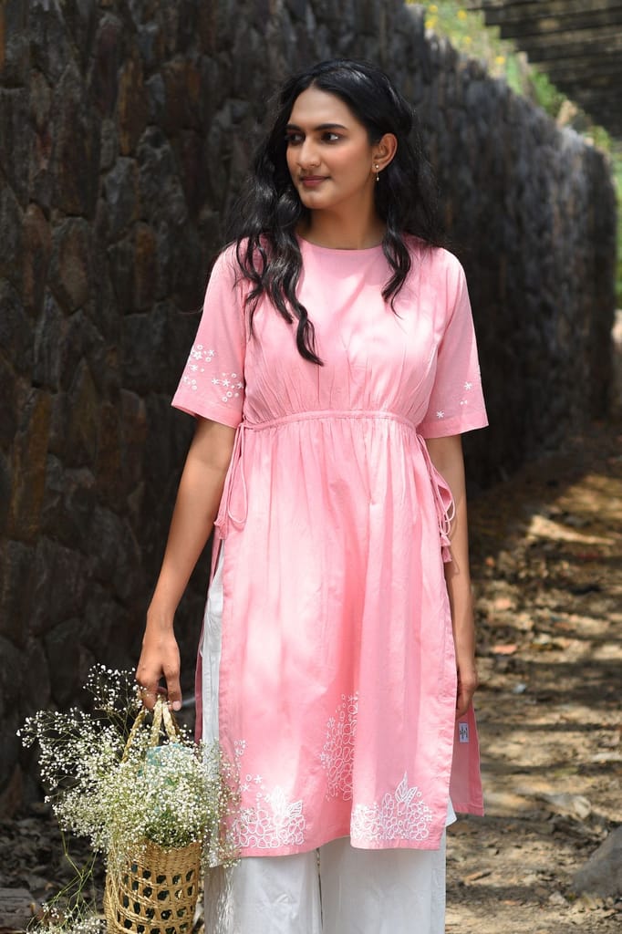 Nargis Pink Kashmiri Crewel Hand Embroidered Cotton Kurta view 2