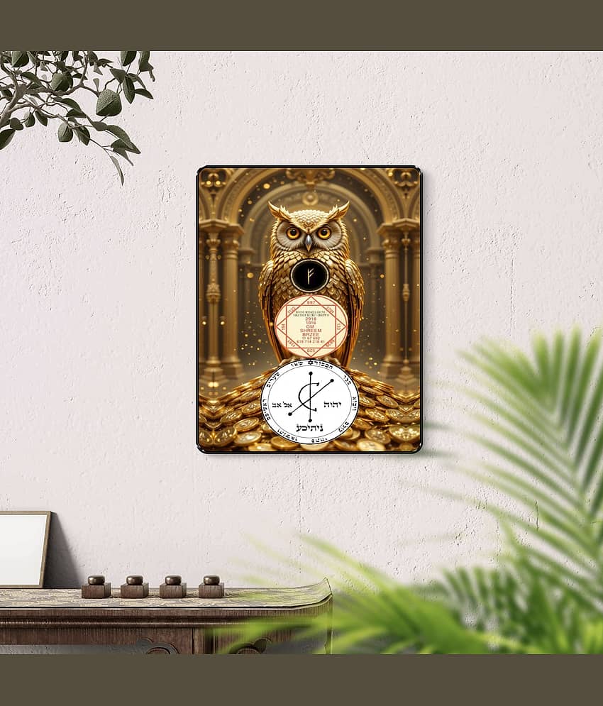 Livin'luxe Golden Owl Wealth Sigil Black Framed Sparkle Laminated Wall Painting for Home & Office Decor view 2