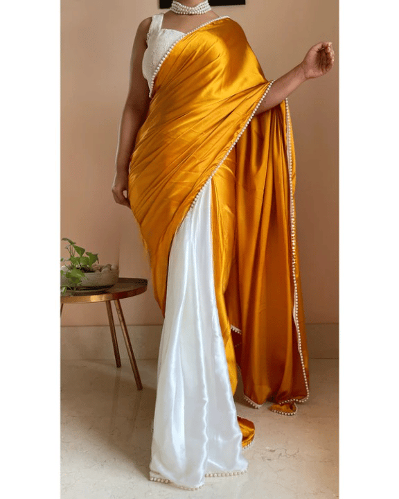 PURE SATIN SILK HALF HALF CONCEPT SAREE WITH PEARL LACE BRODER AND RUNNING BLOUSE PIECE view 2