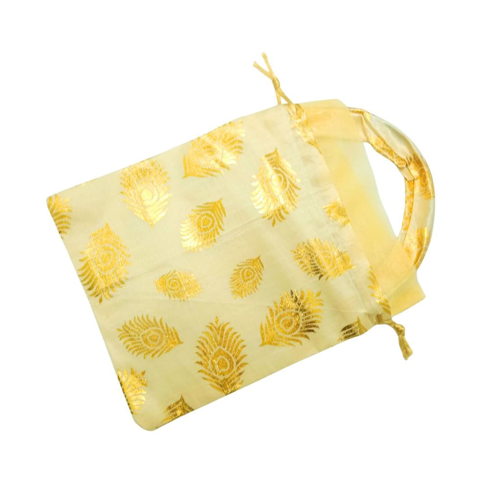 Premium Golden Peacock Feather Design Potli Bag | Elegant Drawstring Gift Bag for Weddings, Parties, and Festive Occasions | Silk Cloth Pouch for Jewelry, Return Gifts and Favors (Pack of 5)