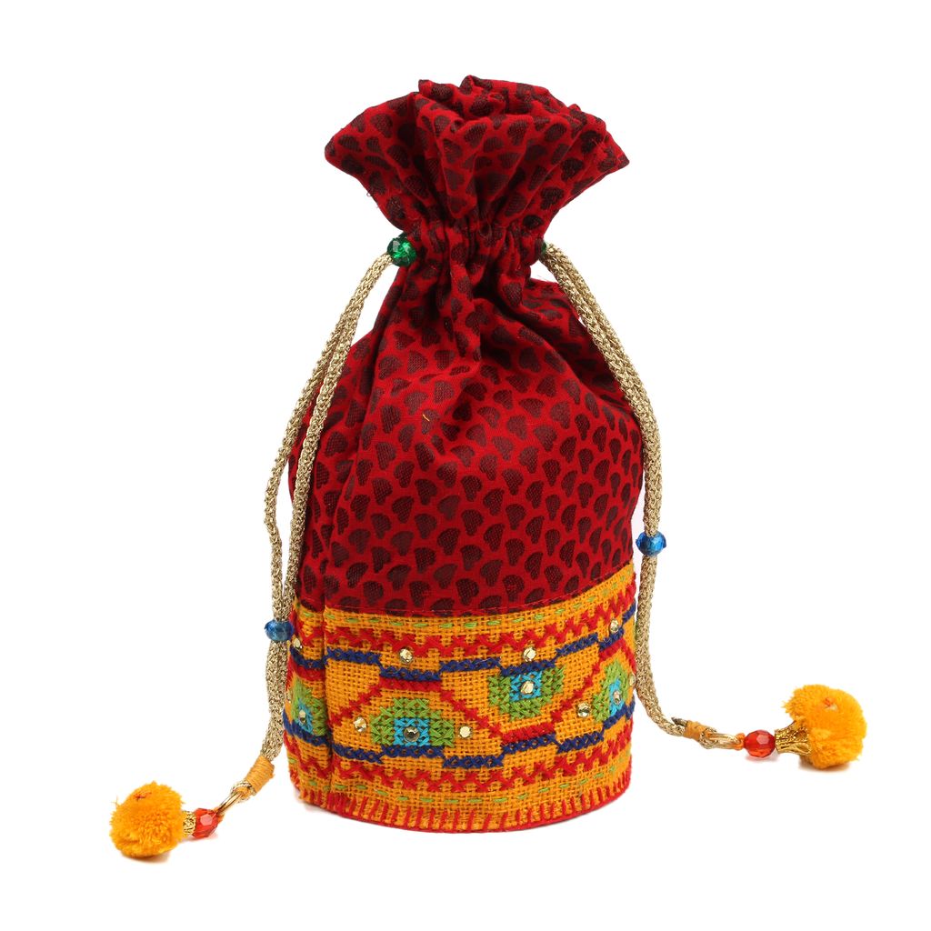 Tribes India Hand Embroidered Round Potli (Red) view 2