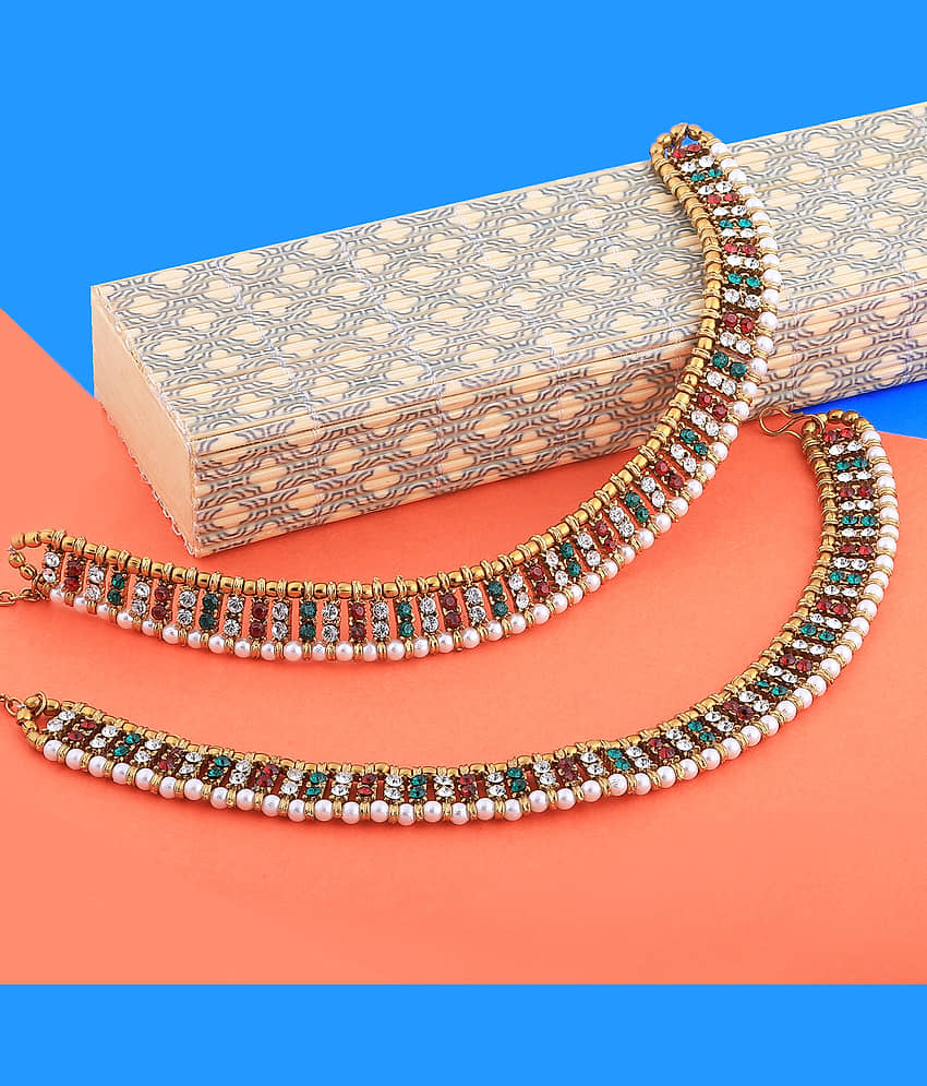 SILVER SHINE Gold plated Traditional Multi Color Anklet for Women And Girl view 2
