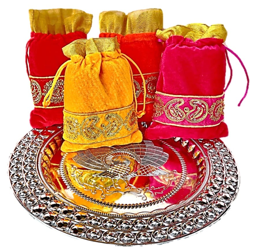 Omkar by R3 Inc. Silver Gift Plate with Shagun Potli for Gifts Hampers | Fancy Hamper| Wedding Basket / Pouch for gift Packing (Pack of 5) view 2
