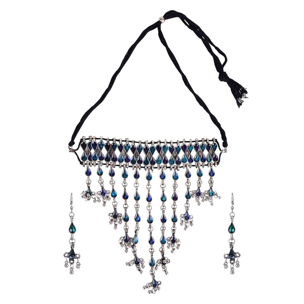 Cardinal Oxidized Silver Color Blue Stone Choker Necklace Set view 2