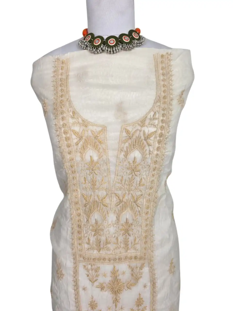 Chikankari Mul Chanderi Dress Material Ivory Gold Yoke Jaal view 2