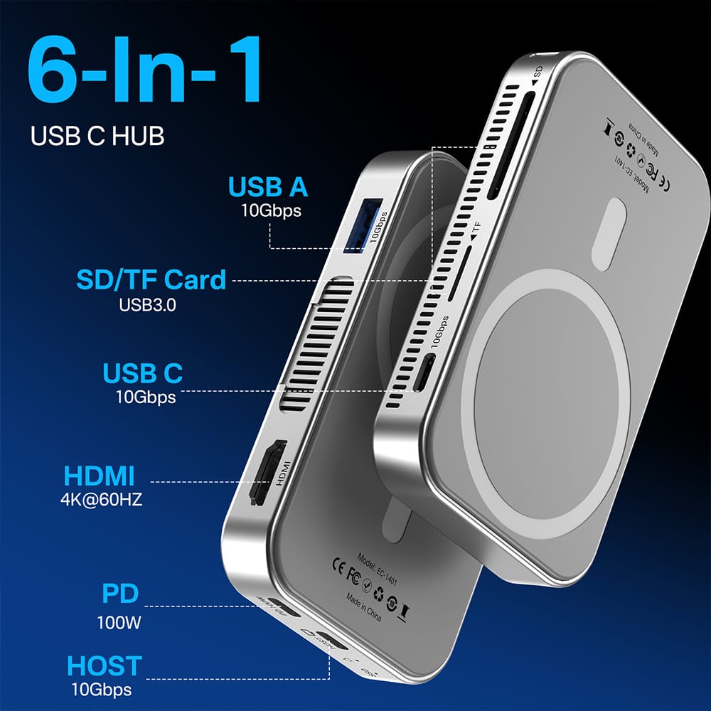 ACASIS 6-in-1 USB-C M.2 2280/2260/2242/2230 SSD Enclosure + Docking Station with Magsafe for iPhone 15/16 Pro/Max ProRes, M/B+M Key UASP view 2