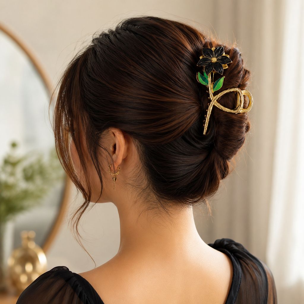 Elegant Gold Black Lily Floral Metal Hair Claw view 2