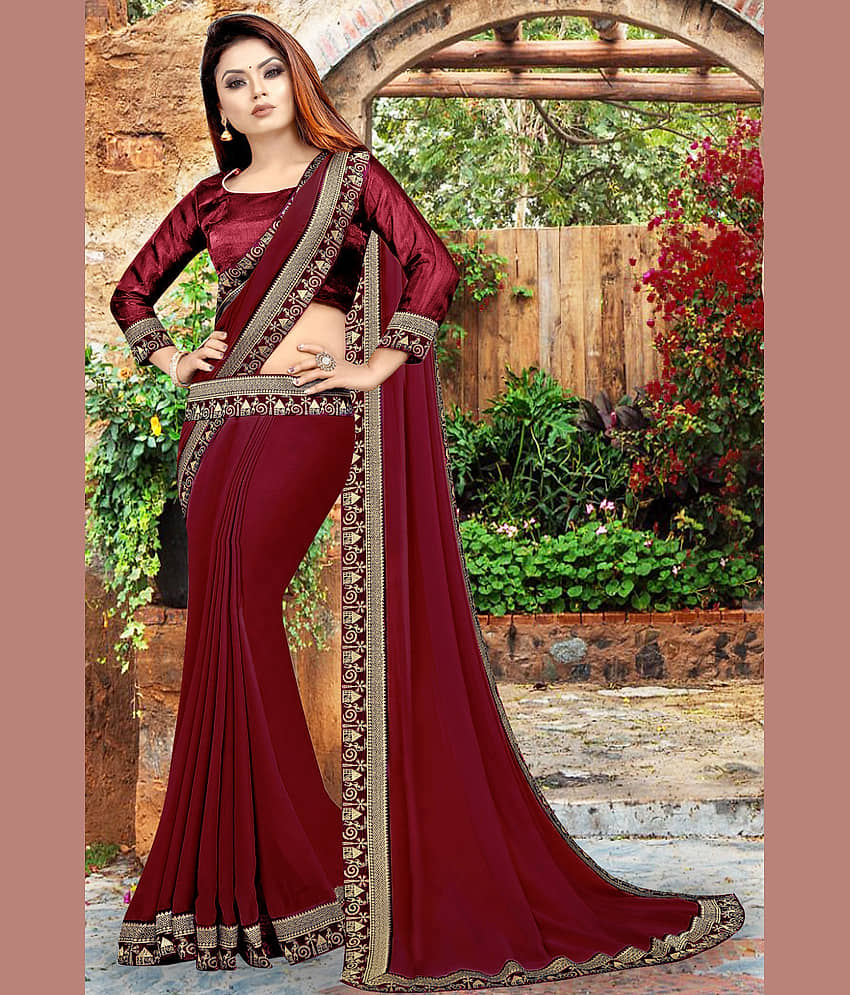 WXW Fashion Lycra Embroidered Regular Saree With Unstitched Blouse Piece ( Brown ) view 2