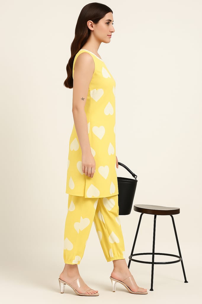 Yellow Heart Print Co-Ord Set for Women – Sleeveless Kurta with Matching Pants view 2